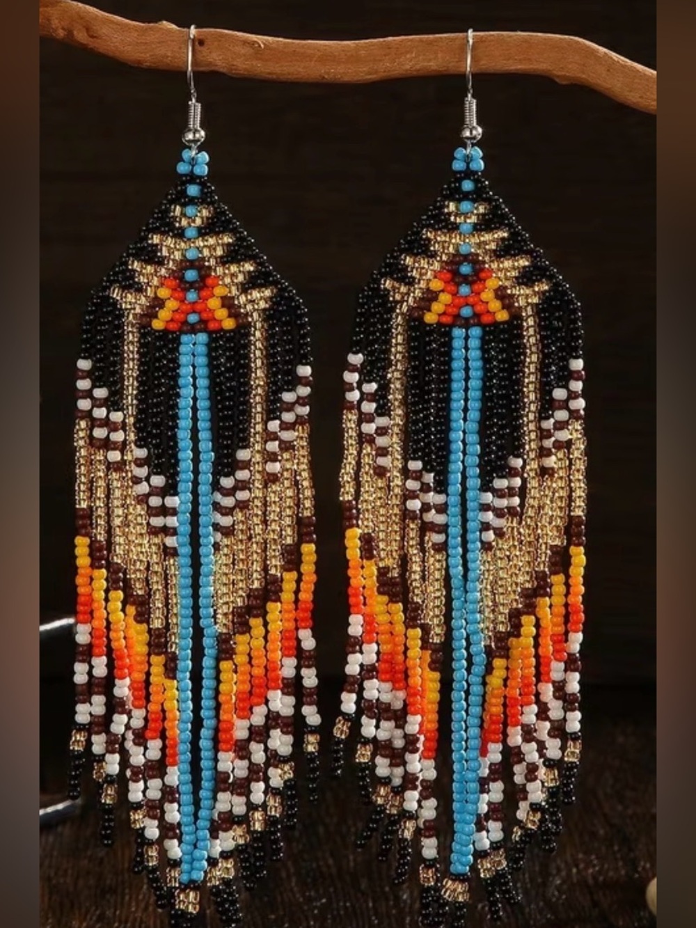 Beaded Fringe Drop Earrings - Black, Turquoise & Orange